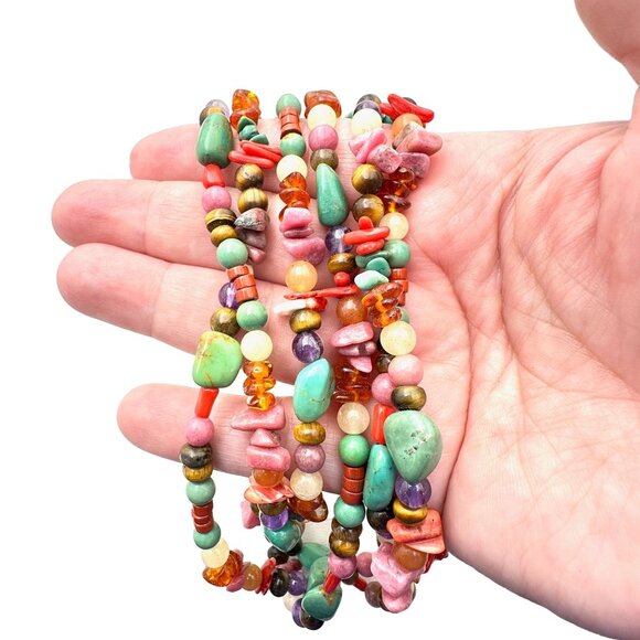 American Southwest Womens Necklace Sterling Silver Multi Strand Turquoise Amber - Picture 2 of 4